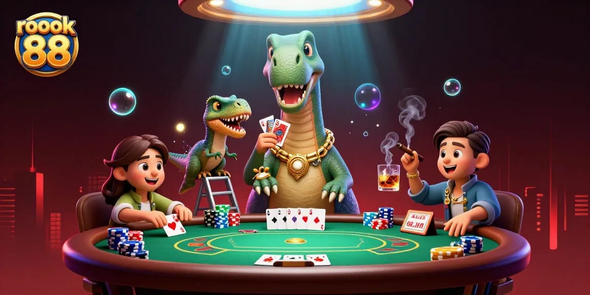 Engage with rokok 88 in this captivating 3D casino scene featuring a brontosaurus and raptor dealing cards.