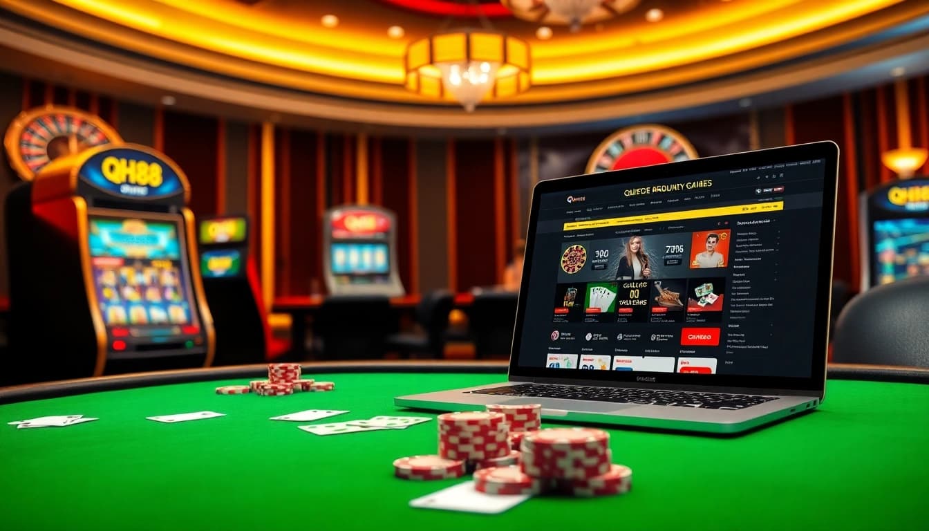 Gamblers placing bets at QH88 casino tables with colorful chips and a winning atmosphere.