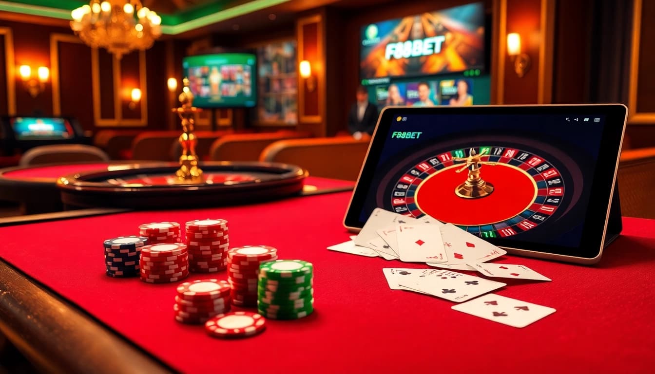 Experience thrilling gameplay at F88BET with vibrant casino visuals highlighting poker chips and roulette.
