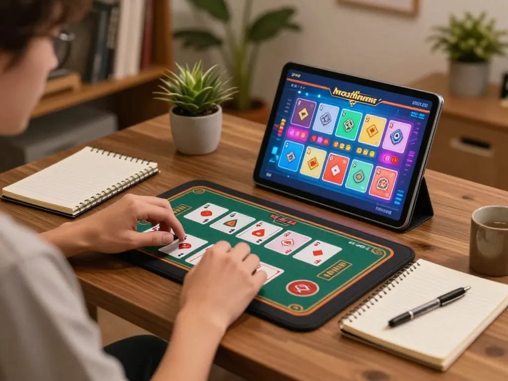 Player engaged in an exciting game doi thuong on tablet during cozy home gaming setup.