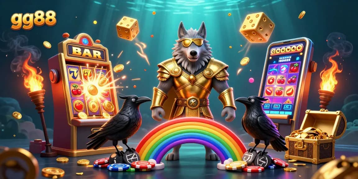 Join the excitement of gg88 casino games with a vibrant illustration full of slot machines and mystical characters.