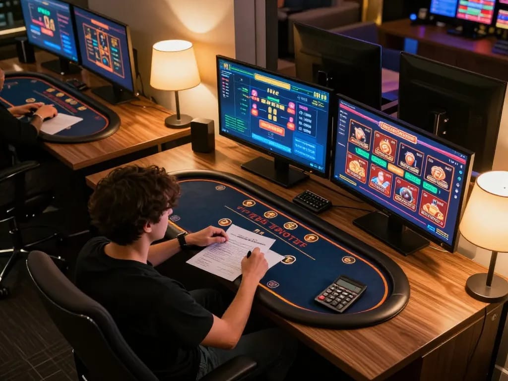 Engaged in Thủ thuật cá cược go8, a gamer strategizes at a dual-screen online casino setup.