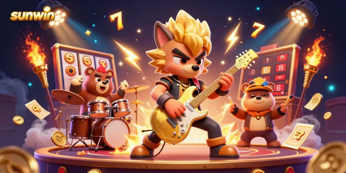 Engage with Sunwin's thrilling gaming experience amidst 3D illustrated characters and dynamic casino elements.