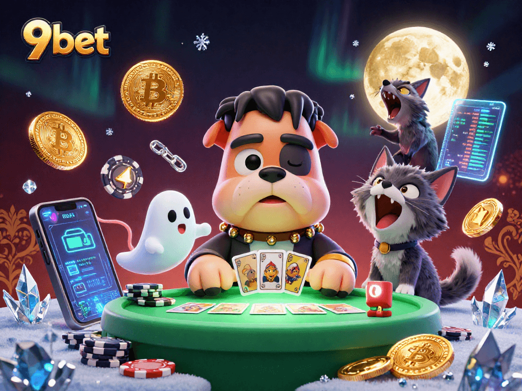 Experience 9bet's thrilling card games in a lively casino world with vibrant characters.