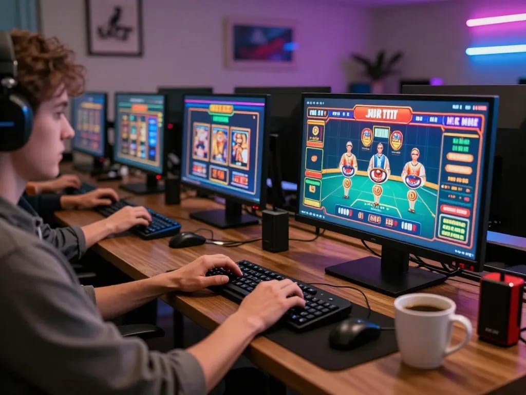 KJC user enjoying online casino slots and poker on multiple screens in a home setting