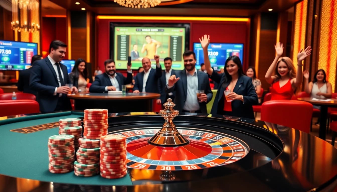 Experience the excitement of 9789bet.com with a vibrant casino atmosphere featuring roulette and happy players.