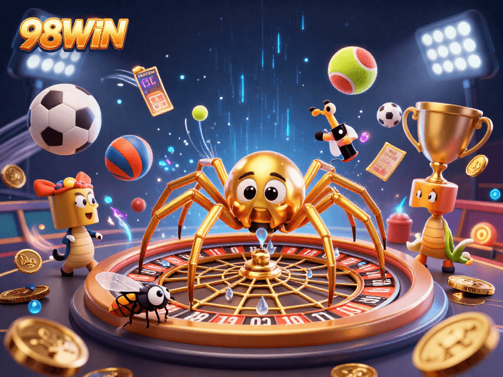 Wager at 98WIN with a whimsical scene of a spider and croupier spinning a roulette web, capturing the thrill.