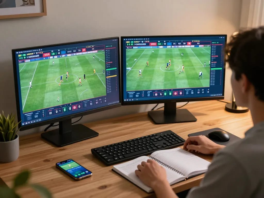 Kết quả bóng đá displayed on multiple screens in a home betting setup, emphasizing real-time sports engagement.