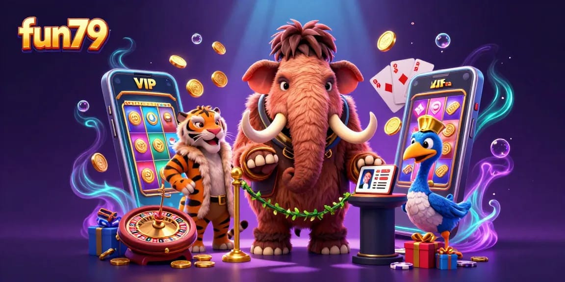 Experience thrilling fun79 games with a vibrant casino illustration showcasing a lively gambling atmosphere.