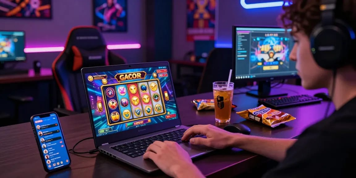 Permainan slot gacor online yang menarik dengan gamer serius di laptop, suasana ceria dan penuh warna.