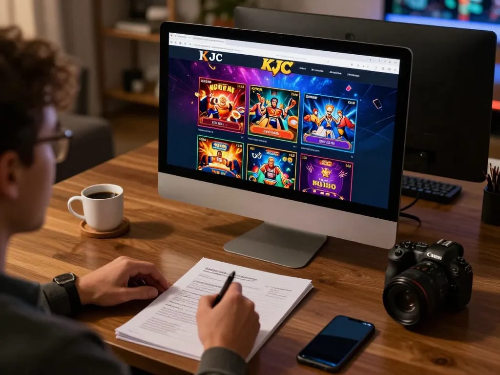 KJC player engaging in online casino gaming with strategic notes and a modern setup