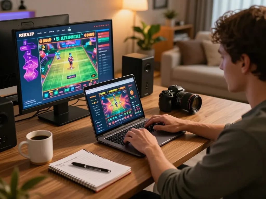 Playing RIKVIP online casino on a laptop in a cozy home setting, emphasizing responsible gaming.