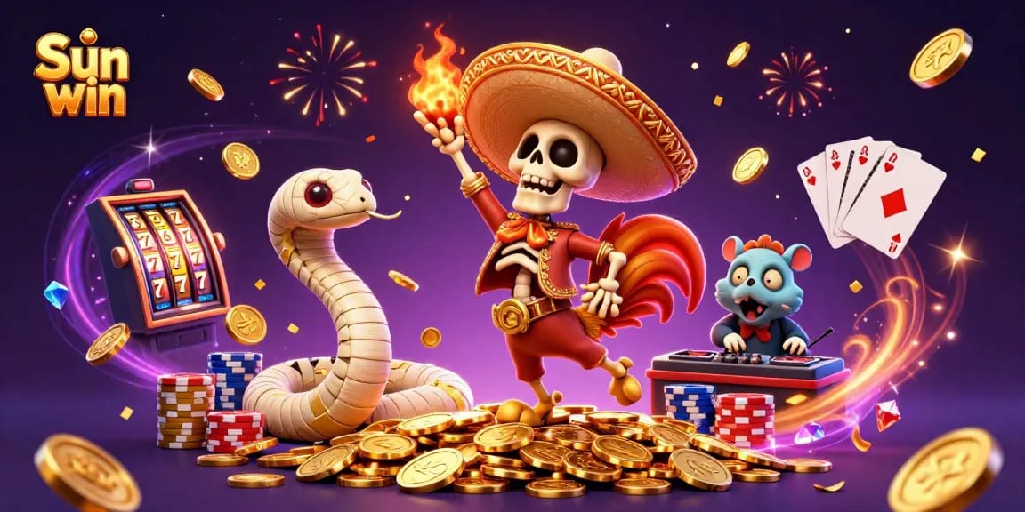Experience the excitement of Sun win with animated characters celebrating amidst vibrant casino elements.