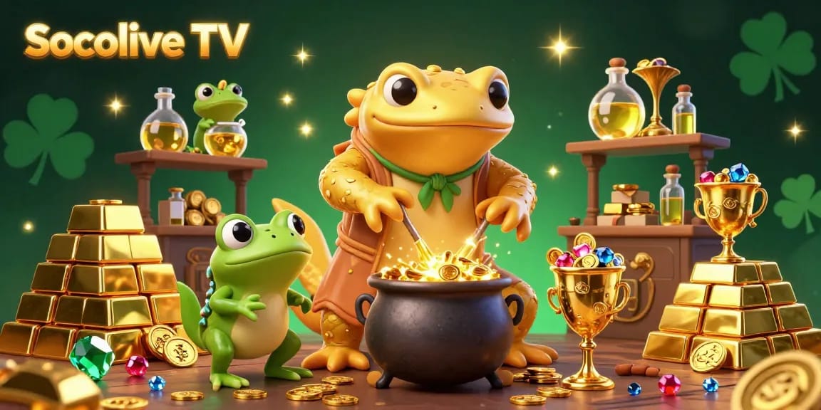 Socolive TV showcases an enchanting 3D scene with a golden salamander alchemist and magical elements transmuting gold coins.