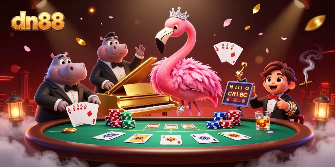Experience premium gaming at dn88 with a vibrant casino scene featuring singing flamingos and lively poker tables.