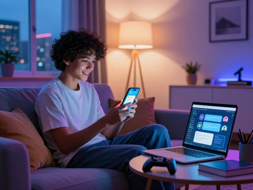 Engaging scene of young adult using sexting AI on smartphone in cozy tech-filled room.