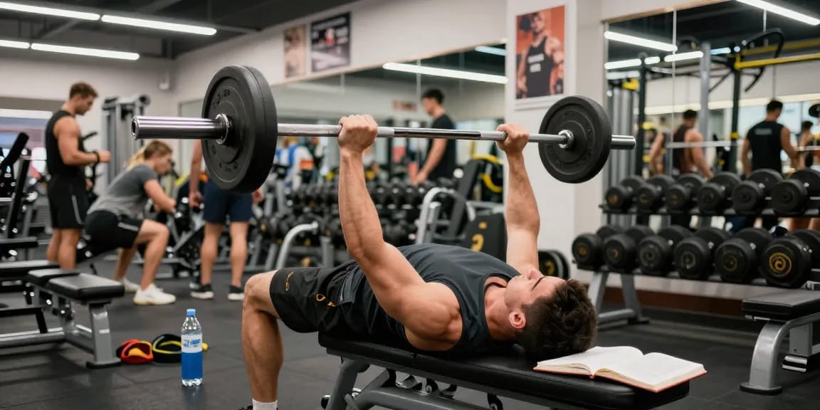 Anabolika Shop Deutschland zeigt einen starken Mann, der Gewichte in einem lebhaften Fitnessstudio mit Trainingsgeräten und motivierender Energie hebt.