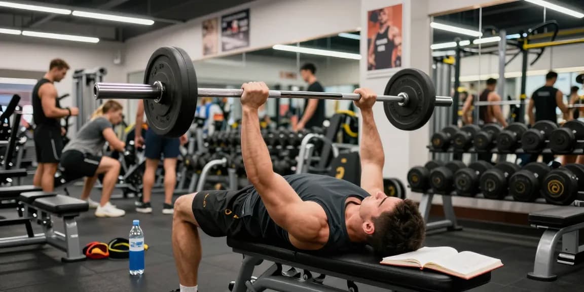 Anabolika Shop Deutschland zeigt einen starken Mann, der Gewichte in einem lebhaften Fitnessstudio mit Trainingsgeräten und motivierender Energie hebt.