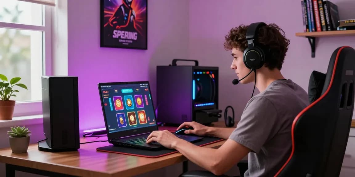 Fesselnde Szene eines jungen Erwachsenen an einem Paysafe Card Casino-Setup, vertieft in Online-Gaming mit bunten LED-Lichtern.
