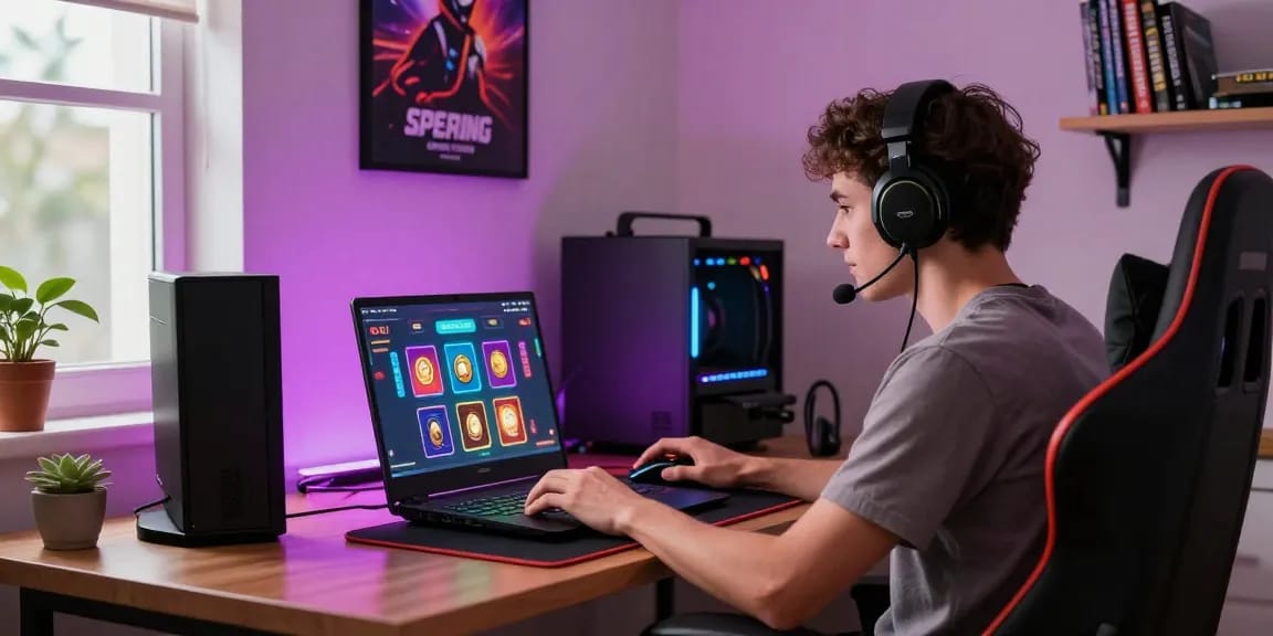 Fesselnde Szene eines jungen Erwachsenen an einem Paysafe Card Casino-Setup, vertieft in Online-Gaming mit bunten LED-Lichtern.
