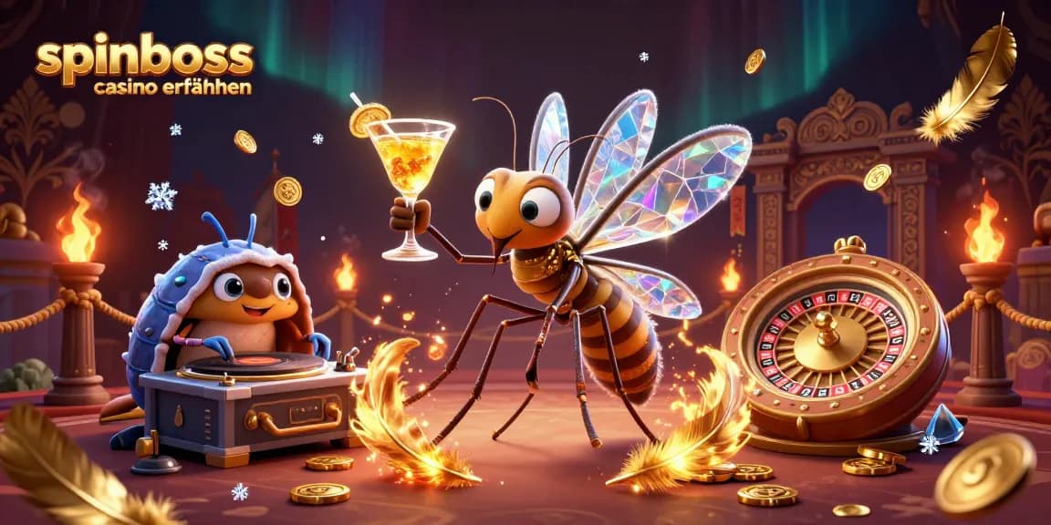 Spinboss casino erfahrungen visuell erleben: Illustration mit fesselnden Casino-Charakteren und dynamischen Elementen.