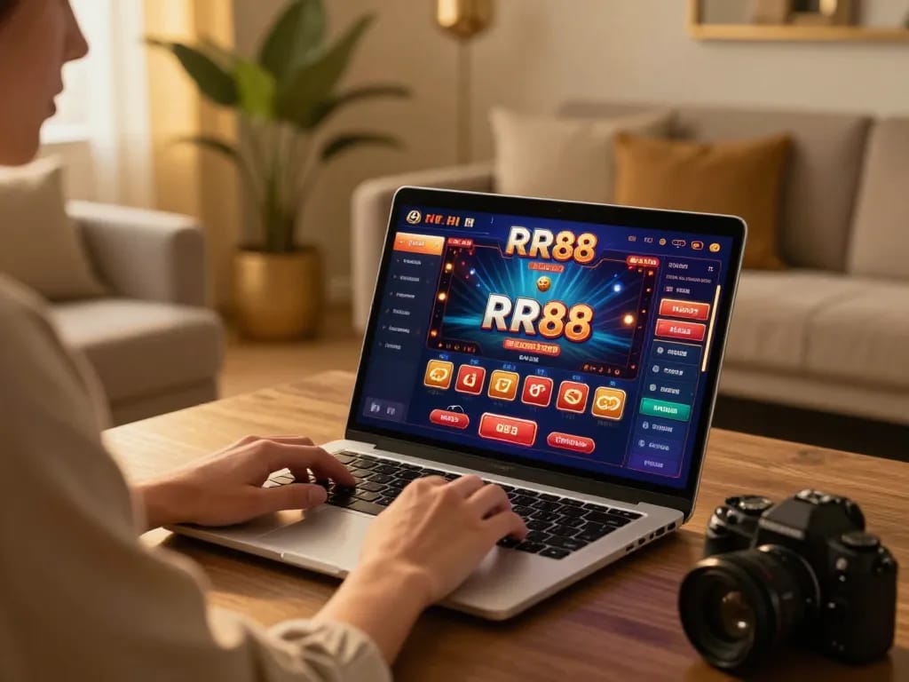 Engaging player using RR88 for online casino gaming in an elegant living space.