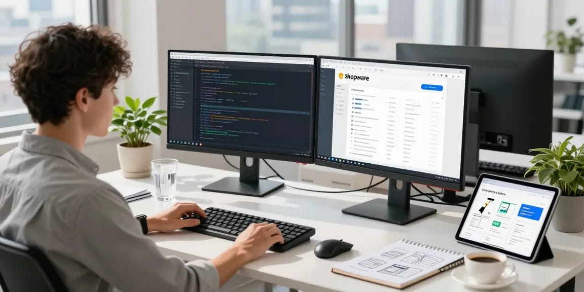 Shopware-Freelancer arbeitet konzentriert in einem hellen Büro mit zwei Monitoren.