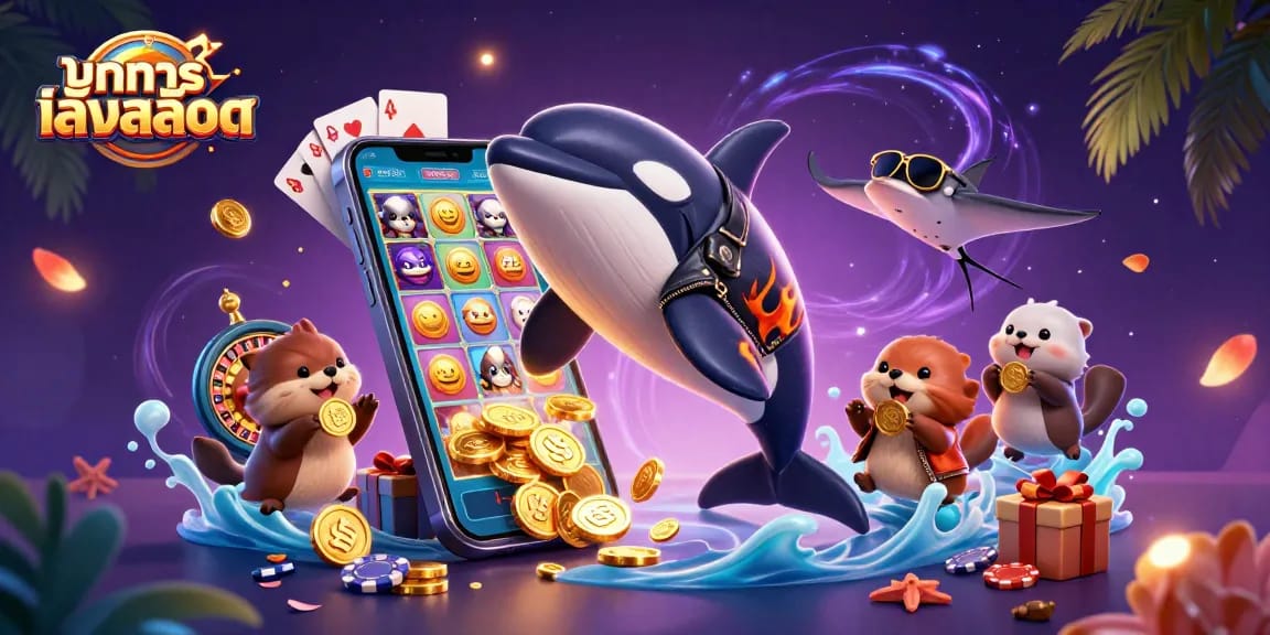 ทดลองเล่นสล็อต with an orca, stingray, and otters enjoying vibrant casino game elements.