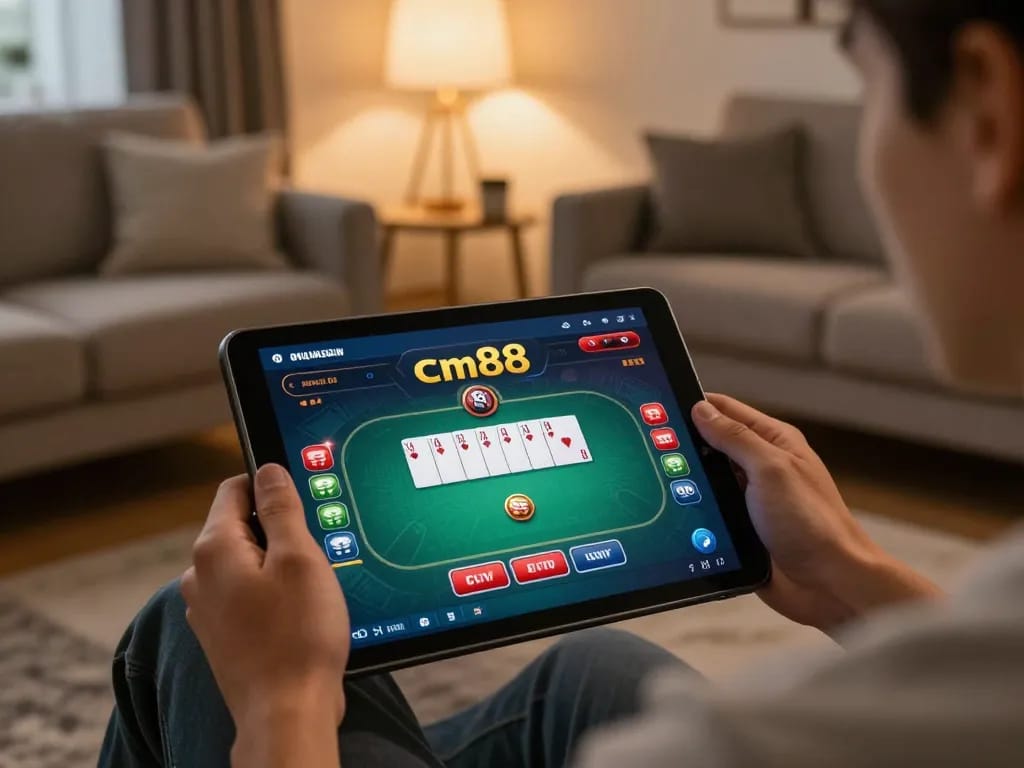 Engaging gamer using cm88 on tablet in a cozy living room setting, showcasing online gambling.