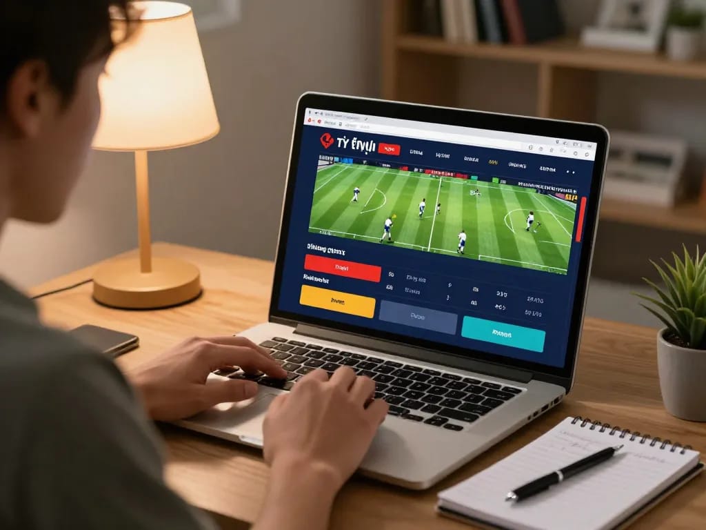 Tỷ lệ kèo nhà cái displayed on a laptop screen during an engaging online sports betting session.