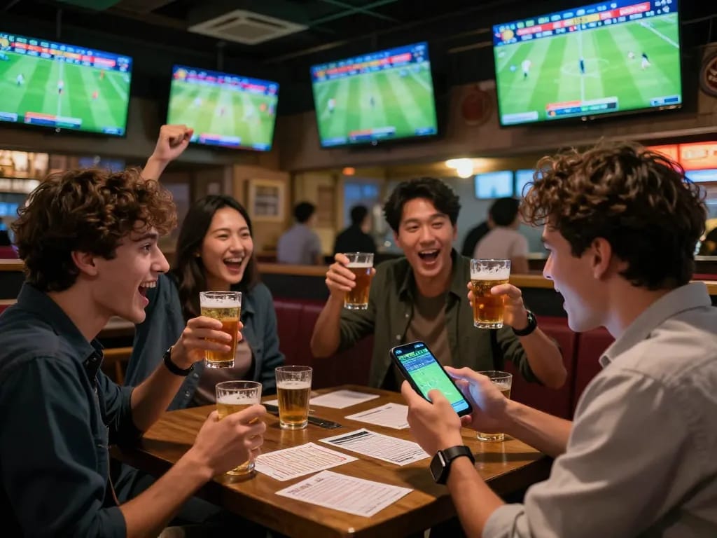 Bettor analyzing kèo nhà cái on smartphone during a live football game in a lively sports bar.