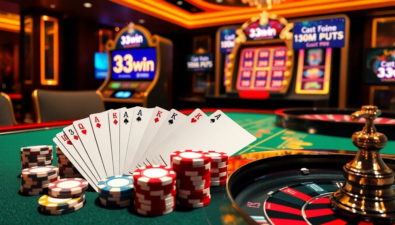 Experience high-stakes excitement at 33win with a vibrant casino table and dynamic roulette wheel.