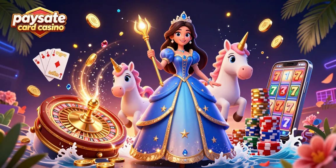 Illustration eines Paysafe Card Casinos, die eine glamouröse Frau mit einem Einhorn zwischen Casino-Spielen und lebendigen Farben zeigt