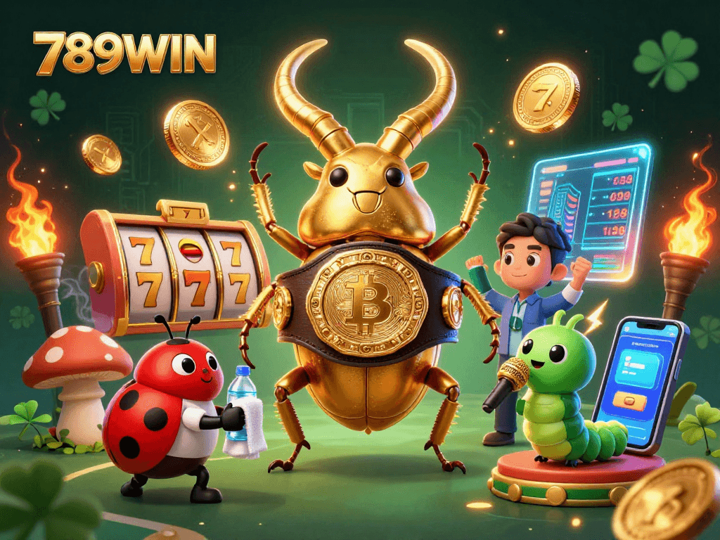 Engage with 789WIN's vibrant gaming atmosphere featuring a giant beetle champion and blockchain elements.
