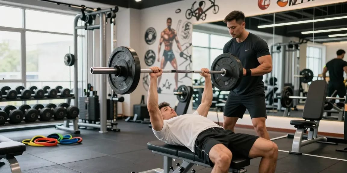 Bodybuilder im Anabolika Shop während des Trainings mit Fitnessgeräten und motivierender Atmosphäre