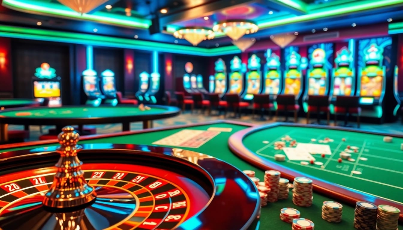 Players enjoying the thrilling experience of 23win with vibrant poker chips and an illuminated roulette wheel in a luxurious casino.