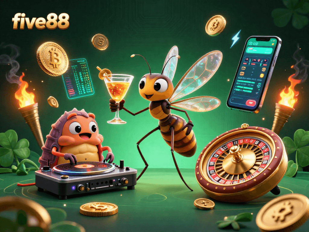 Experience five88 with a vibrant casino scene featuring a frozen mosquito mascot, DJ trilobite, and golden roulette elements.
