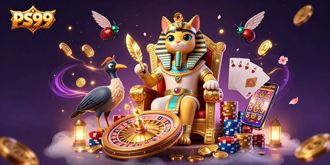 PS99 casino scene featuring an Egyptian pharaoh cat and a roulette wheel, creating excitement in gaming.