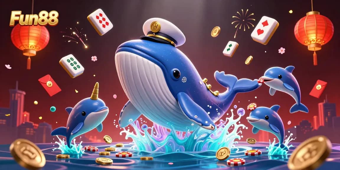 Join the Fun88 adventure with a giant whale, narwhal, and dolphins amidst gambling treasures.