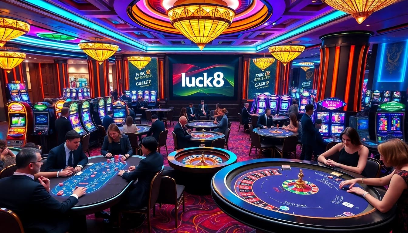 Cảnh cá cược đầy hứng khởi tại một casino sang trọng nổi bật các ưu đãi từ https://luck8.com
