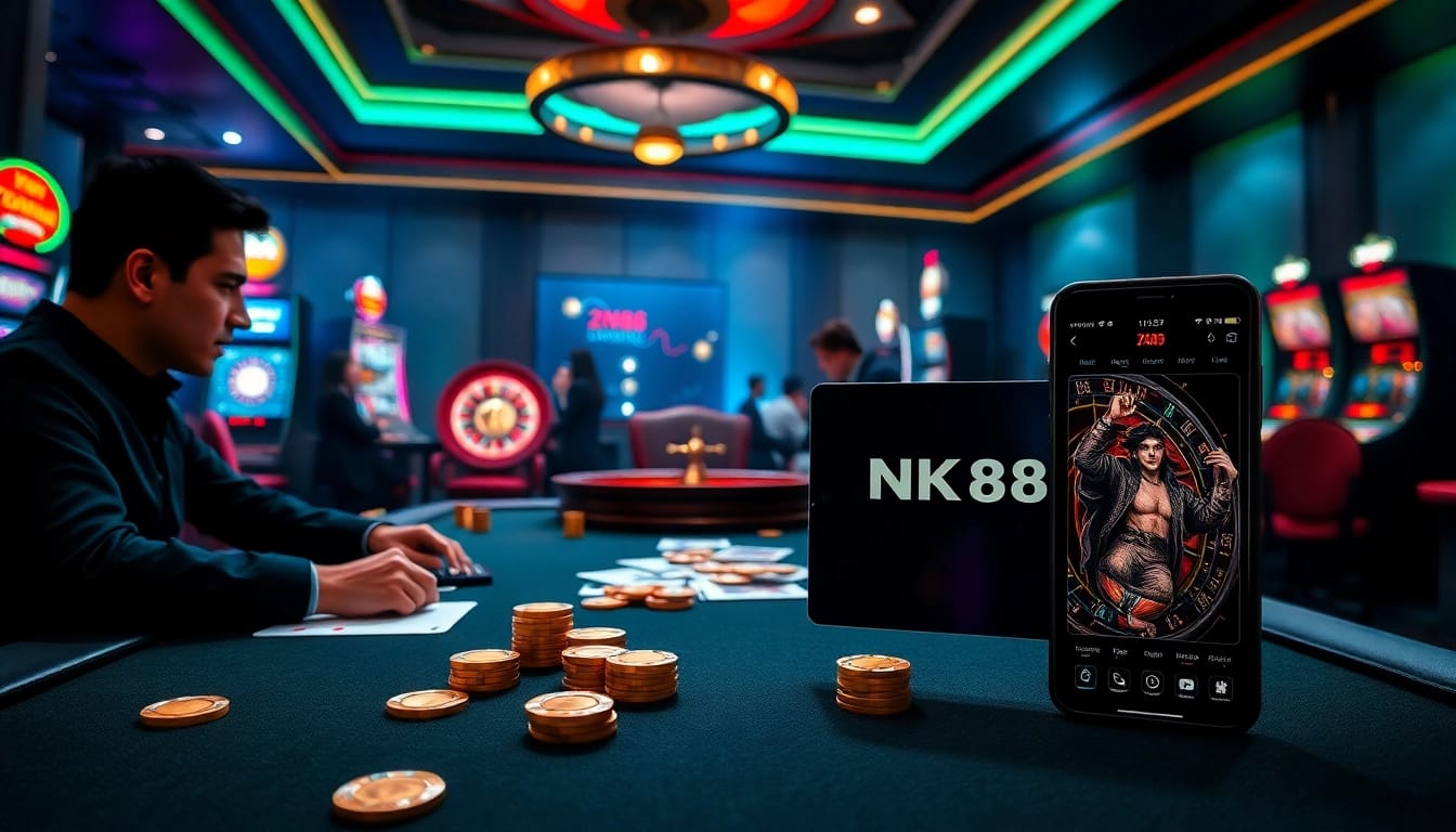 Experience the excitement of online gambling at https://nk88z.com/ with a luxury casino scene featuring poker and roulette.