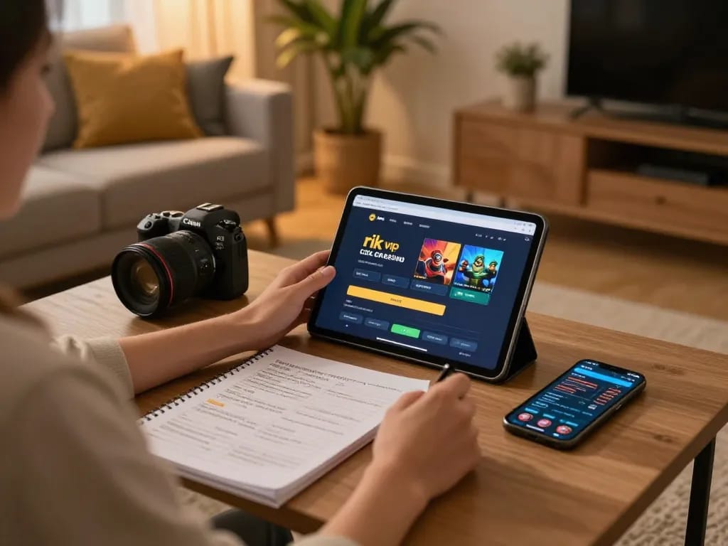 Playing rik vip casino on a tablet in a stylish living room with strategic notes on the table.