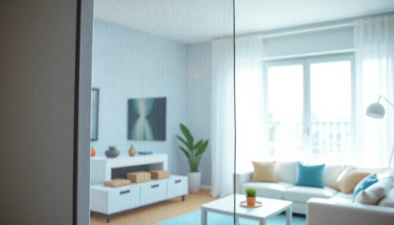 Fliegengittermaxx installation showcasing modern fly screens in a bright living room.