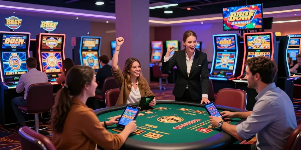 Beef Casino Login: Spieler im modernen Online Casino mit verschiedenen Spielmöglichkeiten und lebhaftem Ambiente.