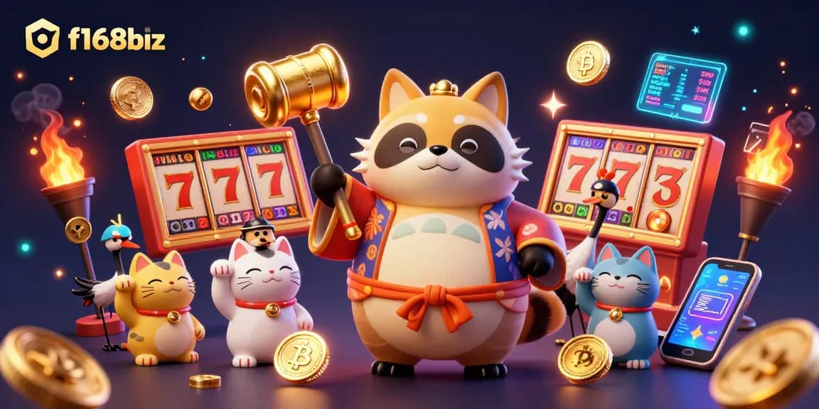 Experience excitement at f168biz with cheerful tanuki and slot machine reels in a colorful gaming scene.