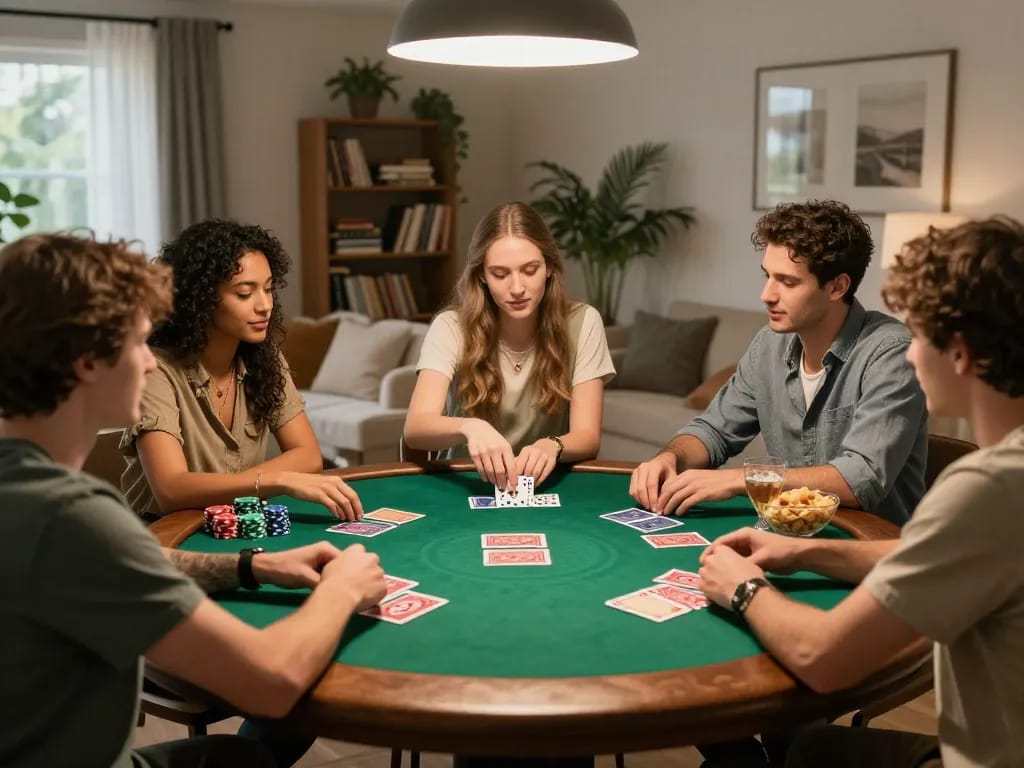 Friends enjoying an f168 game poker night with vibrant cards and chips on the table.