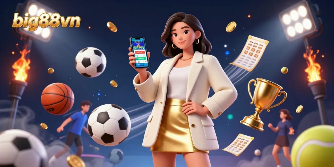 Engage with big88vn's innovative sports betting app showcasing a friendly Asian woman among dynamic sports elements.