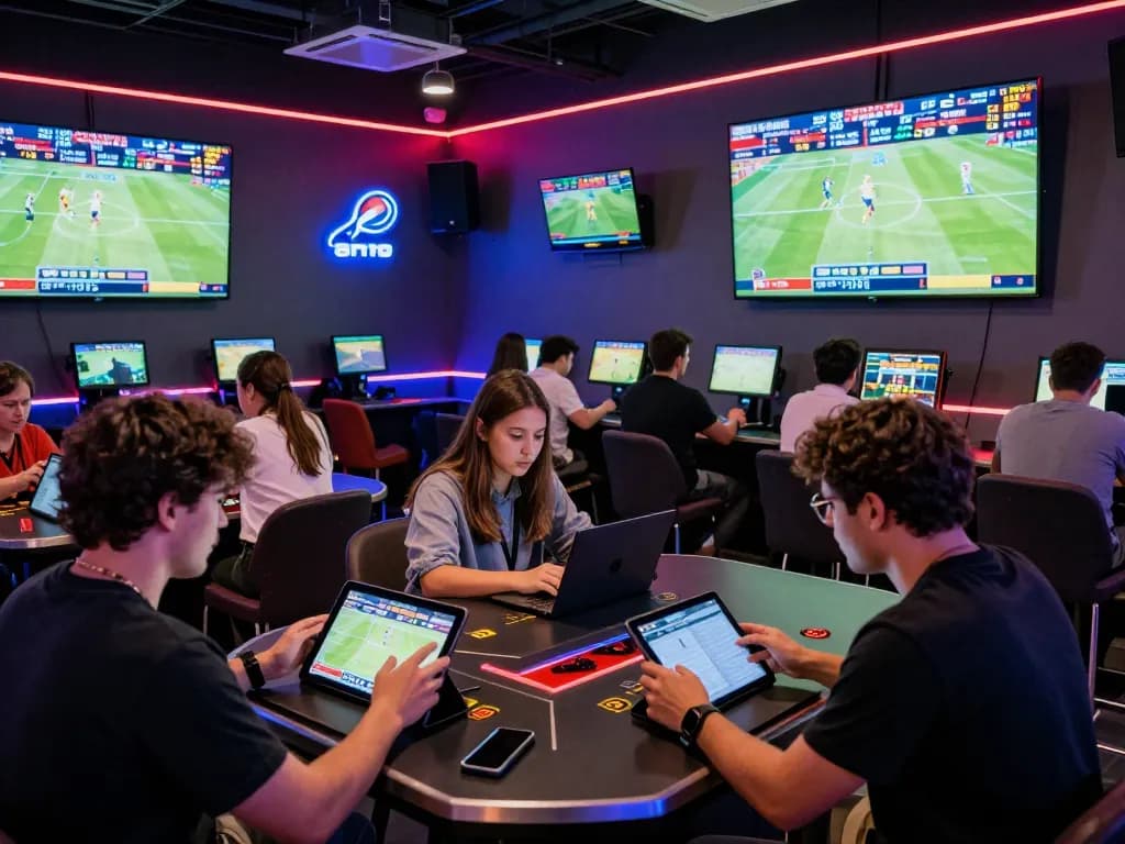 Engaging atmosphere showcasing tỷ lệ kèo nhà cái with bettors excitedly placing wagers in a modern sports lounge.