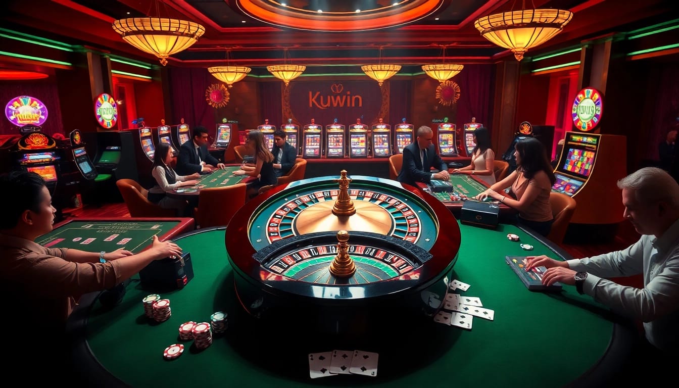 Kuwin casino scene featuring roulette, vibrant poker chips, and excited players engaged in games.