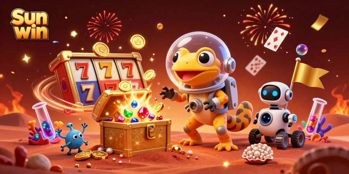 Experience the excitement of Sun win in a vibrant, animated scene filled with colorful casino elements.